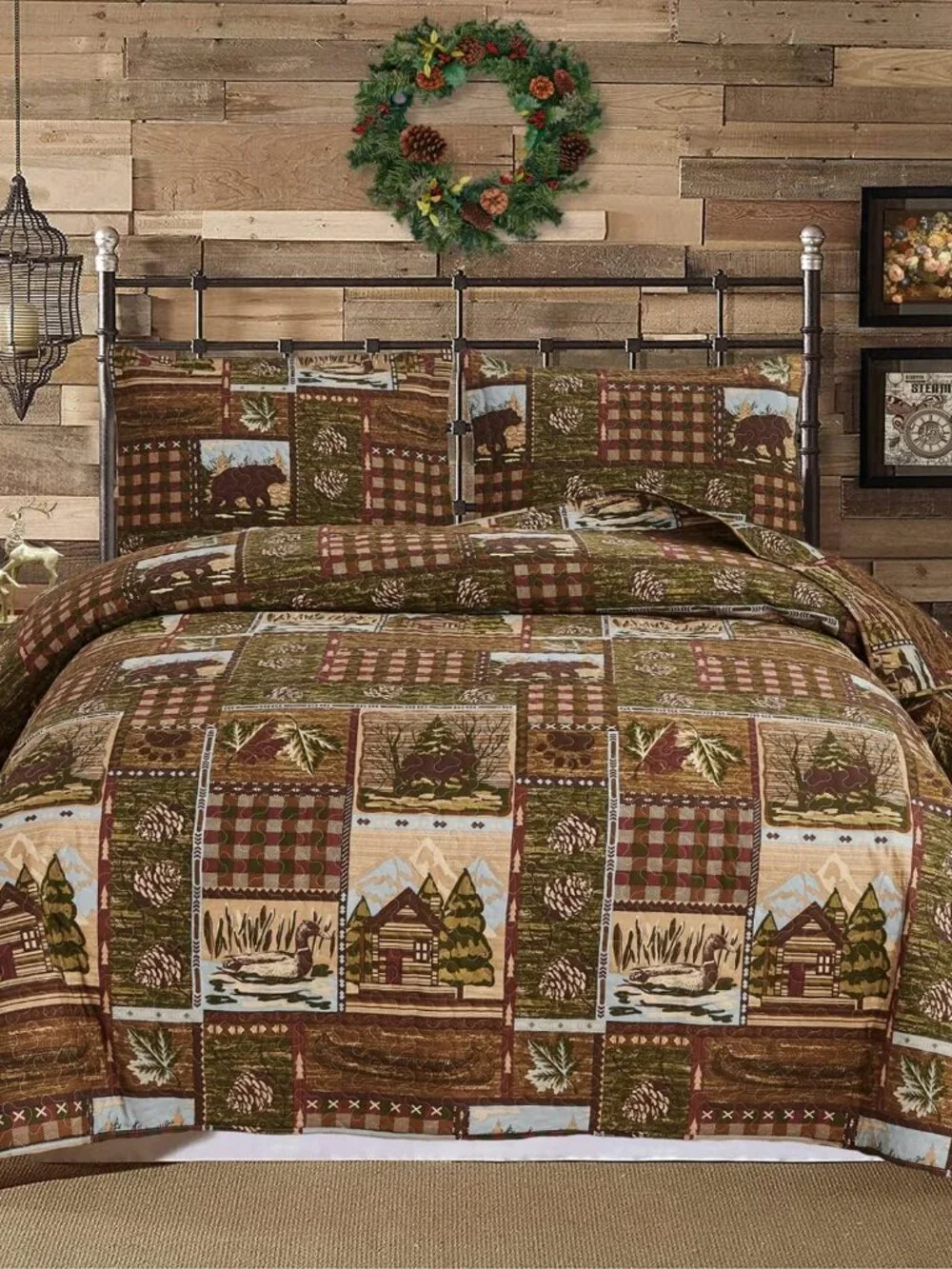 Lodge Bedspread King Size, Rustic Cabin Quilt Sets Moose Bear Bedspread Coverlet